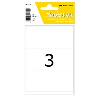 Imagen de TopStick 1354 Etiquetas multiusos grandes (36 x 82 mm, 5 hojas, papel, mate) autoadhesivas, pegatinas universales permanentes para rotulación a mano, 15 adhesivos blancas
