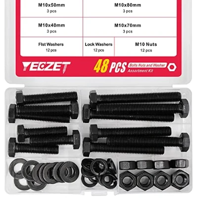Imagen de YEEZET 12 Juegos M10 Tornillos de Cabeza Hexagonal Pernos y Tuercas Juego Surtido Arandelas Planas Seguridad Grado Acero Aleado 8.8 (40 mm 50 70 80 mm)