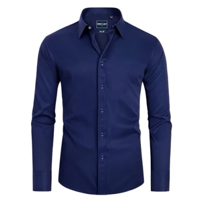 Imagen de DEMEANOR camisa de manga larga para hombre, negocios corte ajustado, sin planchado, informal azul marino, L
