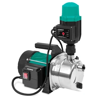 Imagen de Vonroc Bomba de agua automática riego (1000 W, 3500 l/h, 4,4 bar, potencia succión, 8 m, altura máx. 44m eléctrica acero inoxidable jardín para 2 o 4 aspersores