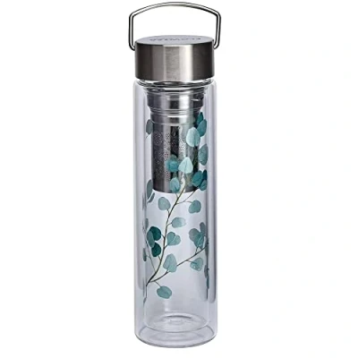 Imagen de Eigenart Flowtea 50020 Botella de eucalipto doble pared vidrio borosilicato con tapa acero inoxidable, funda neopreno y colador, sin BPA, 400 ml