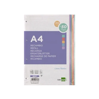 Imagen de LIDERPAPEL RECAMBIO BLOC A4 200+50 HOJAS 90G/M2 CUADRO 5 MM CON MARGEN 4 TALADROS BANDAS COLORES PASTEL