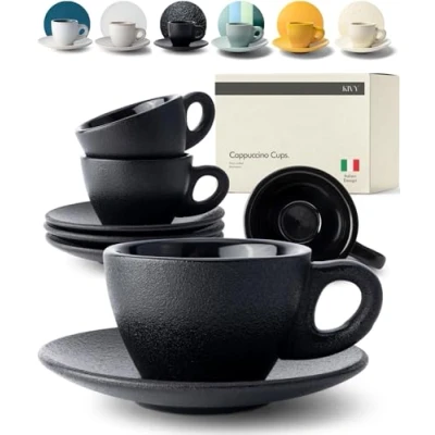 Imagen de KIVY Juego de 4 Tazas capuchino [6 onzas] cerámica pared gruesa para arte con leche café Taza latte negro
