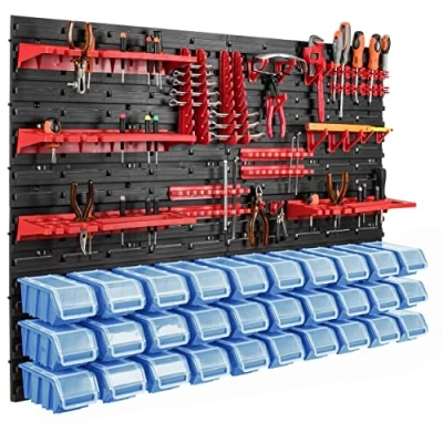 Imagen de 30 cajas apilables de pared con tapa plástico, 115 x 78 cm, soporte para herramientas, taller, garaje, sistema almacenamiento