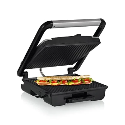 Imagen de Princess 112425 Parrilla Multifunción, Superficie de 30 x 27 cm suficiente para 2 bocadillos o sandwiches, asa fría al tacto, 2000 W, Negro y Gris