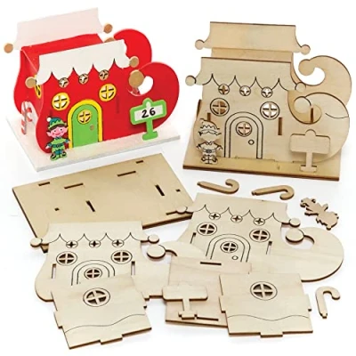 Imagen de Baker Ross FE967 Kit de Madera la Casa del Elfo Paquete 3, Portacandelitas para Decorar, Proyecto Manualidades Navideñas Niños
