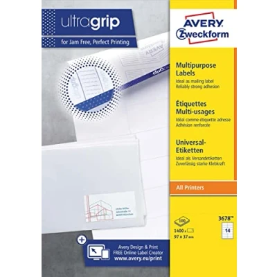 Imagen de Avery 3678 Blanco Etiqueta autoadhesiva para dirección (Blanco, autoadhesiva, Papel, Rectángulo, A4, 9,7 cm)
