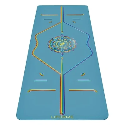 Imagen de LIFORME Colección Esterillas de Yoga Estampadas Sistema Alineación Patentado, Ecológica, Biodegradable, Resistente al Sudor, Ancho y Grueso para Mayor Comodidad Azul Cielo Arco Iris