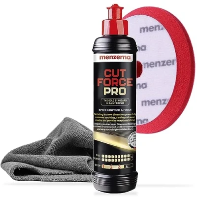 Imagen de Menzerna Cut Force Pro Auto Politur Set 250ml 3in1 All in One zum Kratzentfernen Profi Step Polierpaste Schleifpaste für alle Lackarten + Heavy Polierpad Poliertuch 380GSM