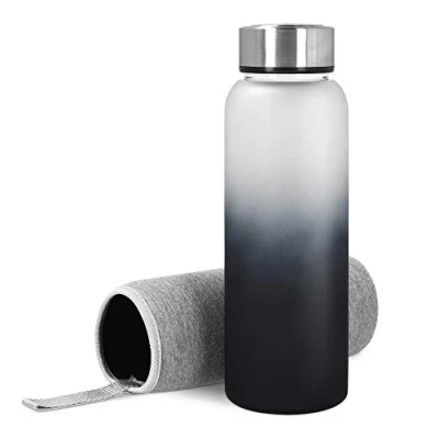 Imagen de Navaris Botella de agua cristal Cantimplora 950 ML vidrio borosilicato Garrafa 1 pared con tapa y funda neopreno Negro degradado