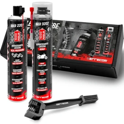Imagen de ERRECOM 1000 Miglia Clean&amp;Lube Kit Cadena Moto Road; Incluye Desengrasante Bote Alta Presión 750mL+ Lubricante de Carretera 500mL+ Huggie System y Extensión 90+Cepillo+ Guantes