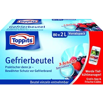 Imagen de Toppits Bolsas de almacenamiento para congelación, 2 litros, 80 unidades, base transparente