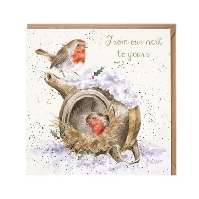 Imagen de Wrendale Designs Our Nest to Yours Tarjeta de Navidad con diseño petirrojos en nido nevado detalles aluminio, ecológica y reciclable