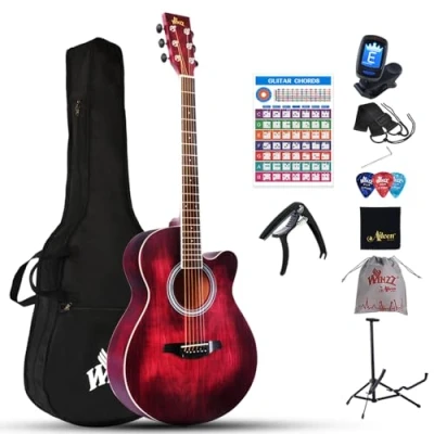 Imagen de Winzz Guitarra Acústica para Principiantes Adultos y Estudiantes 40 Pulgadas,Rojo Set con Cuerdas de Acero,Elegante Diseño Color Único