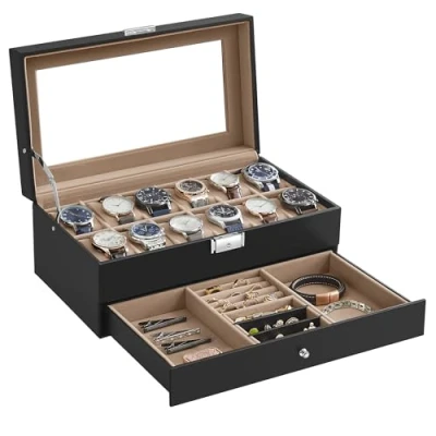 Imagen de Songmics Caja de Reloj, Estuche Reloj con Tapa Cristal 2 Niveles para 12 Relojes, Cerradura, 1 Cajón, Anillos Pulseras, Regalo Ideal, Cuero Sintético Negro y Forro Beige Verdoso JWB012