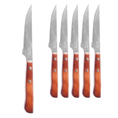 Imagen de CUPERINOX Cuchillos Carne mesa Chuleteros Cuchillo Sierra Mango Madera 100 mm Acero Inoxidable para