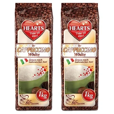 Imagen de HEARTS Cappuccino White Line, 2 unidades (2 x 1 kg), sabor a vainilla, café en polvo instantáneo, bebida para 80 tazas, fácilmente soluble