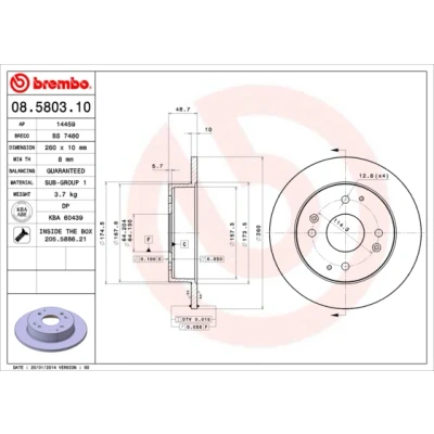 Imagen de BREMBO 08.5803.10 Disco de freno 260 10 4 macizo con tornillos HONDA: ACCORD 5, CIVIC 6 Hatchback, Fastback