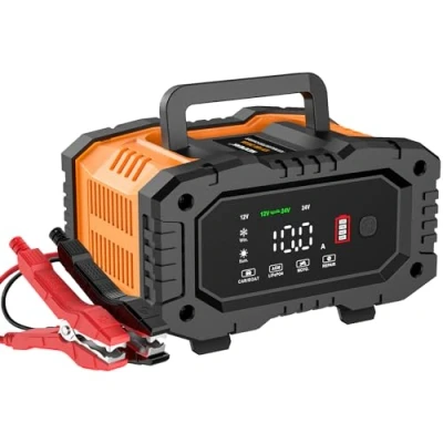 Imagen de Cargador de batería Inteligente 10A, Cargadores Coche LiFePO4 12V 24V, mantenedor automático con compensación Temperatura para Motocicleta camión, AGM, Gel, húmedo, SLA