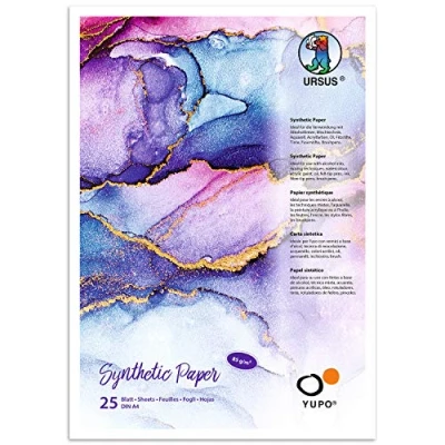 Imagen de Ursus Yupo Papel de 85 g, DIN A4, 25 Hojas, sintética, Superficie Lisa, desgarro y al Agua, Resistente a los Rayos UV, Extremadamente Duradero, 100% reciclable, Multiusos, Polipropileno (PP), Blanco