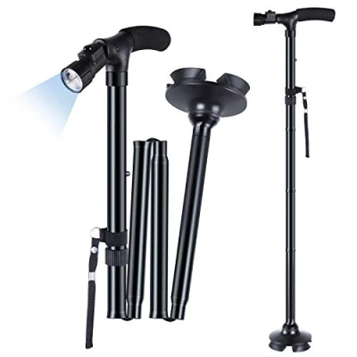 Imagen de Bastón Plegable con luz LED, Ohuhu Bastones para Mayores Hombr Ajustable en Altura Ligero Palo no Deslizamiento Mango T y Base pivotante, Unisex Adulto