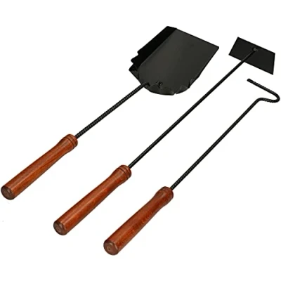 Imagen de KOTARBAU® Kit de 3 accesorios para chimenea, herramientas: pala, atizador y rascador ceniza, Utensilios metal con mango madera, Cubiertos estufa, barbacoa, Color negro, UNIDADES