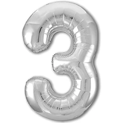 Imagen de Globo 3 Cumpleaños Número Silver Plata Gigante, XXL de 100cm. Decoración Cumpleaños. Aire o Helio.