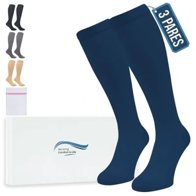 Imagen de 360 Relief Medias de Compresión para Mujeres y Hombres 3 Pares Calcetine Deportes, Correr, Volar, Viaje, Trabajo, Footing XXL Azul con Bolsa Malla