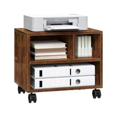 Imagen de WOLTU Mesa para Impresora con Ruedas, Soporte de Impresora, Estanteria Movil Oficina, 3 Compartimentos, Carro Movil, 40x30x35 cm, Marrón Rústico