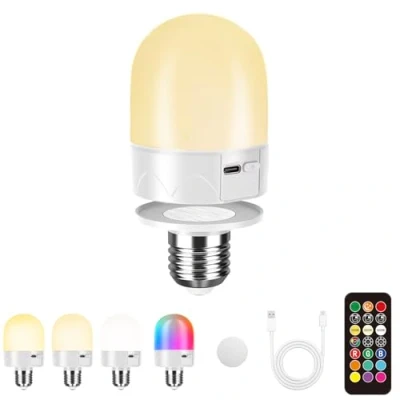 Imagen de USB Bombilla Recargable Con Control Remoto, Bombillas de Batería E27 Para Lámpara, Cambio Color RGB, 12 Temperaturas Regulable, 3 Timer, Luce Nocturna Sin Cuerda, 800LM,1 PACK