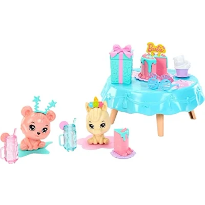 Imagen de Barbie Accesorios, juguetes preescolares, paquetes de iniciación My First Story, fiesta cumpleaños con mascotas unicornio y oso