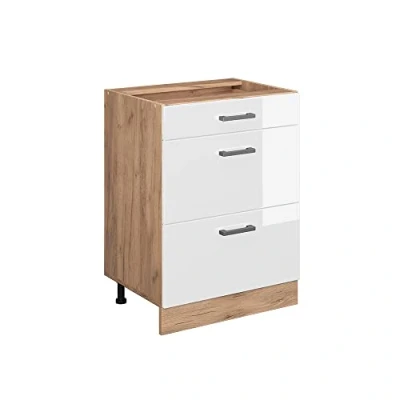 Imagen de Vicco Mueble bajo de Cocina R Line, Blanco Alto Brillo/Roble Dorado, 60 cm con cajones, sin encimera