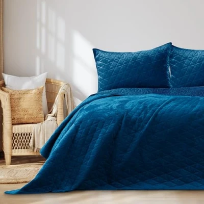Imagen de AmeliaHome Tagesdecke Colcha de Terciopelo, Poliéster, Laila Blue, 200 x 220 cm