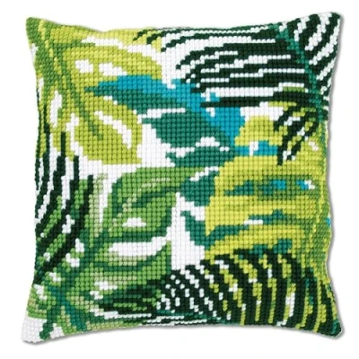 Imagen de Vervaco Kreuzstichkissen Pflanzenblatt Cojín de Punto Cruz con Hojas botánicas, Algodón, Colores Variados, ca. 40 x cm / 16&quot;