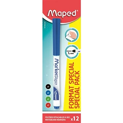 Imagen de Maped Marker&#039;Peps Caja de 12 rotuladores finos borrables en seco, color negro, azul x4, verde x2, rojo x2 741832LM