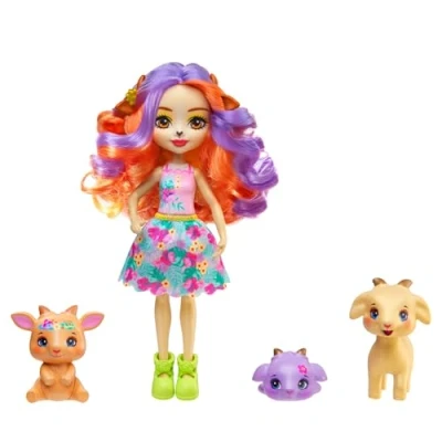 Imagen de Ecnhantimals Sunshine Beach Familia de Golita Goat, Muñeca con melena larga y colorida falda flores, incluye 3 mascotas cabra, juguete regalo para niños niñas +3 años, HXC00