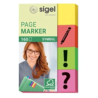 Imagen de SIGEL HN635 Marcapáginas de papel adhesivos, funda 160 tiras 50 x 20 mm, 4 simbólos, colores