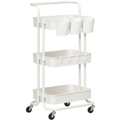 Imagen de HOMCOM Carrito Auxiliar con Ruedas de Cocina 4 Ganchos Asa 3 Cestas Extraíbles Cajas Colgantes y Frenos para Baño Salón Dormitorio 42x38x86,5 cm Blanco