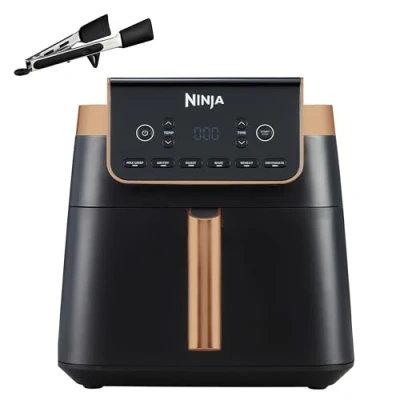 Imagen de Ninja MAX PRO Freidora de aire, 6,2L, sin aceite, cajón individual, tamaño familiar, Asar, Hornear, Freír con antihaderente apto lavavajilllas, pinzas silicona, negro/cobre, AF180EUCP