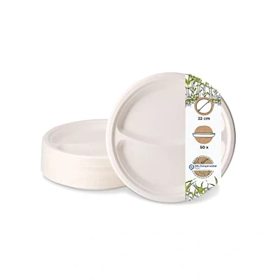 Imagen de GREENBOX 50 platos de menú caña azúcar con 2 cámaras, cuencos bagazo subdivisión, resistentes a la grasa y al agua, vajilla compostable, 22 cm diámetro, diámetro
