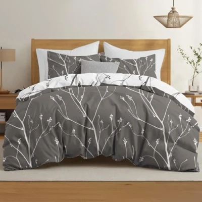 Imagen de Dreamzie Funda Nordica Cama 90 Diseño de Ramas Grises con 1 Almohada 50x70 cm 135x200 100% Microfibra Certificada Oeko Tex