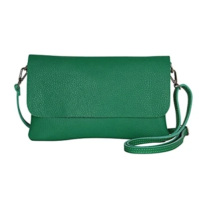 Imagen de AmbraModa GLX11 Bolso bandolera para mujer, de piel auténtica, con correa hombro desmontable y ajustable, adecuada teléfonos móviles tabletas hasta 7 pulgadas, verde hierba, 24 x 14 cm