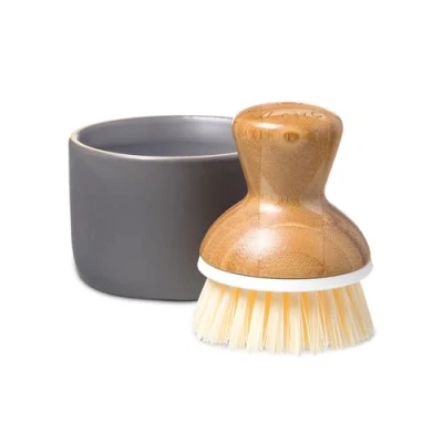 Imagen de Full Circle Bubble Up Set con Cepillo lavavajillas de bambú y bol cerámico muelle para espumar el líquido mango ergonómico Gris/Blanco