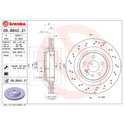 Imagen de BREMBO COATED DISC LINE 09.B842.21 Disco de freno 330 26 5 perforado/ventil. int. revestido altamente carbonizado con tornillos