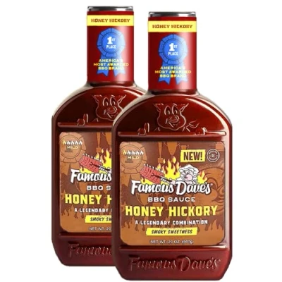 Imagen de Famous Dave&#039;s Honey Hickory Salsa para barbacoa, paquete de 2 unidades, ahumada y dulce pollo, cerdo, pescado, verduras, suave