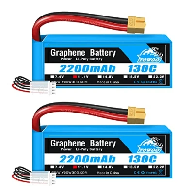 Imagen de Yowoo 3S Lipo Batería 11.1V 2200mAh 130C RC Baterías de Grafeno con Conector XT60 para UAV Drones FPV Bicicleta Carretera Quadcopters Avión Helicóptero Barco Coche (2 Paquetes)