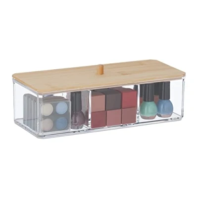 Imagen de Relaxdays Caja de Almacenamiento cosméti Organizador Maquillaje Tapa Bambú, 3 Compartimentos, Plástico, Almacenaje Goma Cabello, Transparente y Natural, 7,5 x 23 9,5 cm Aprox