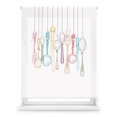 Imagen de Blindecor Digital Cocina Estor Enrollable Translúcido con Estampado Impresión Modelo Cutlery 130 x 180 cm (Ancho por Alto) Tamaño de la Tela 127 175 Estores para Ventanas