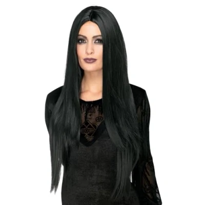 Imagen de Smiffys Peluca deluxe de bruja, Negro, Resistente al calor/modificable, extralarga