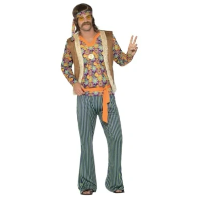Imagen de Smiffys Disfraz de cantante hippie años 60 para hombre, multicolor, con camiseta, chaleco, pantalones, cinturón y cinta la cabeza